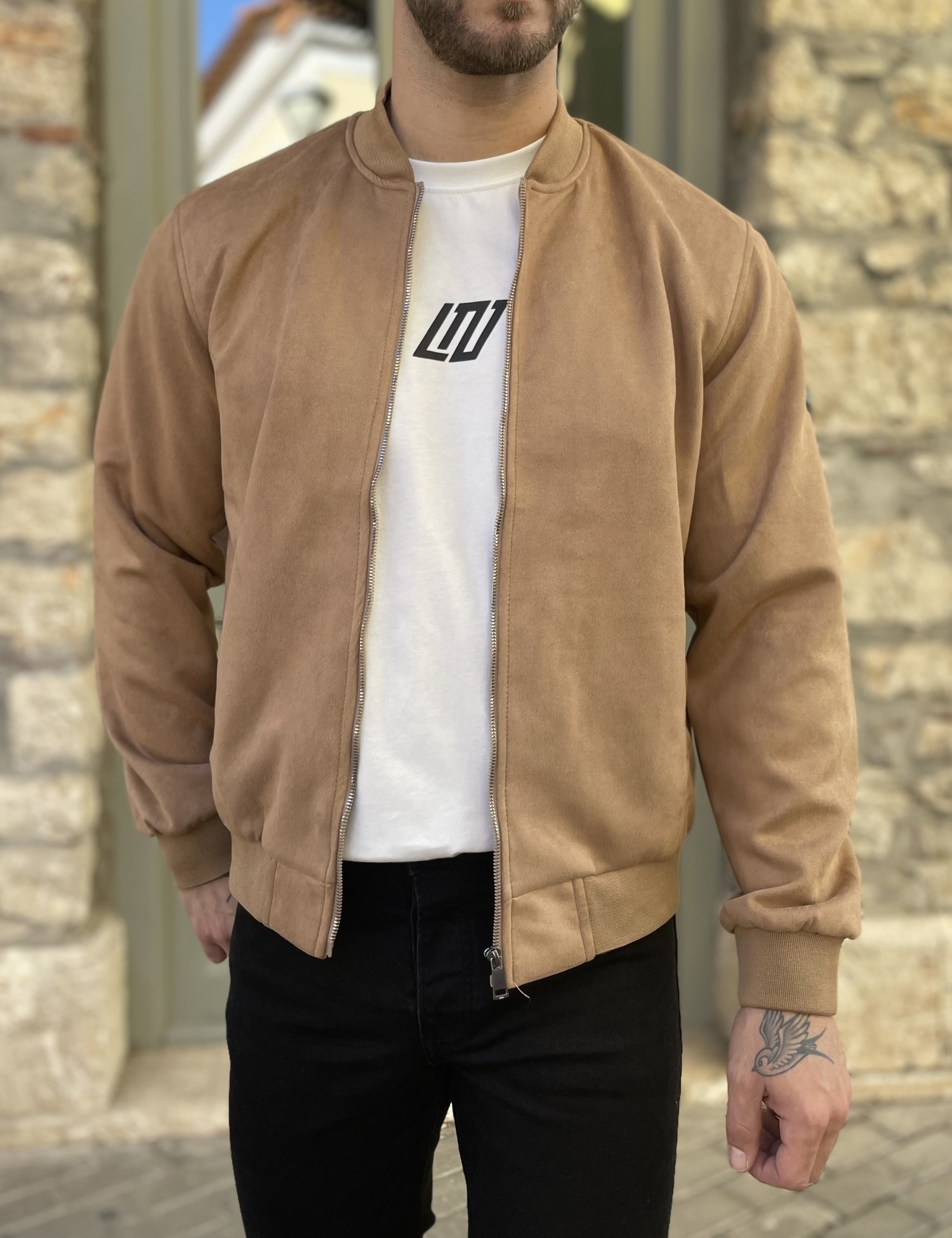 Hi Men Ανδρικό κάμελ σουέτ μπουφάν Bomber HM264049B